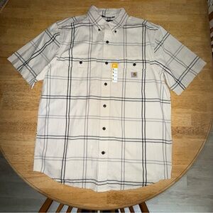 NWT Carhartt Men's off white shirt sleeve Plaid Button Down cotton Shirt Medium